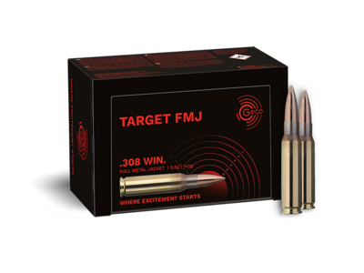 Frontview of ammunition and packaging of GECO .308 Win. TARGET FMJ 9,5g