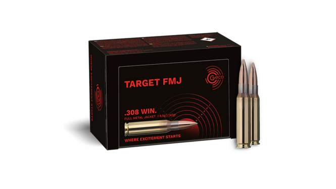 Frontview of ammunition and packaging of GECO .308 Win. TARGET FMJ 9,5g