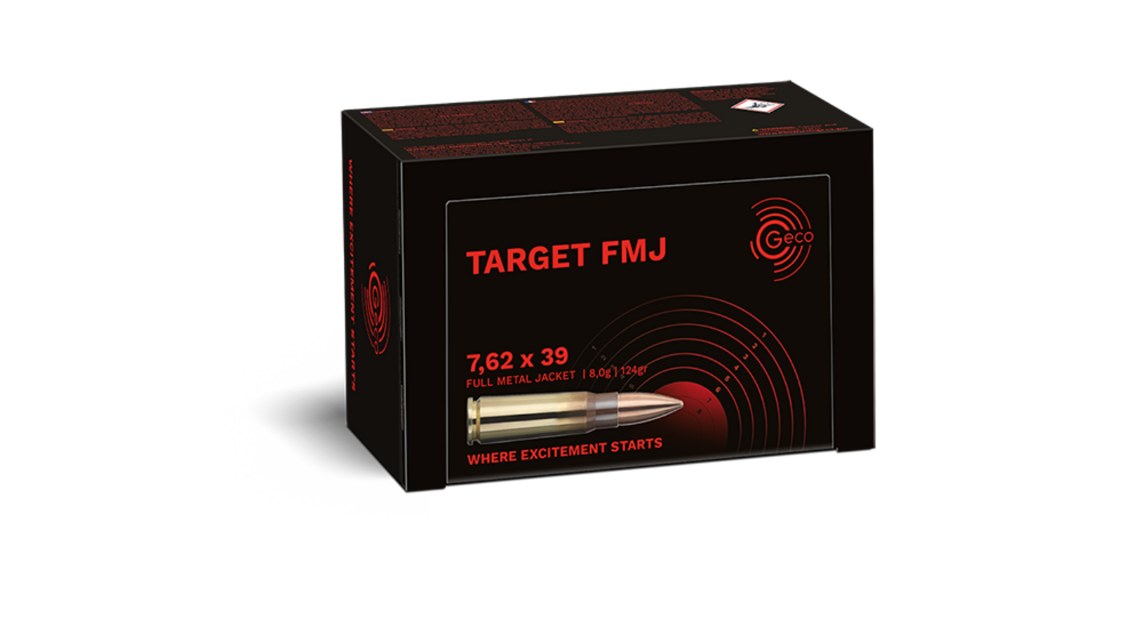 Frontview of packaging of GECO 7,62x39 TARGET FMJ 8,0g