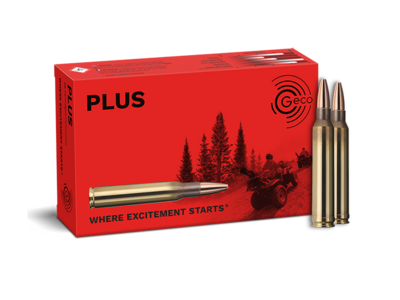 Frontview of ammunition and packaging of GECO .300 Win. Mag. PLUS 11,0g