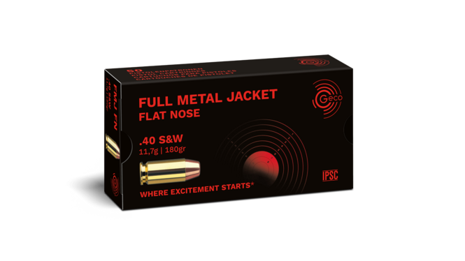 Frontview of ammunition and packaging of GECO .40 S&W Full Metal Jacket Flat Nose 11,7g