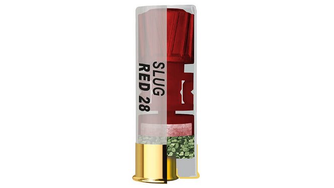 Frontview of ammunition of GECO Coated Competition Slug Red 28 12/67,5