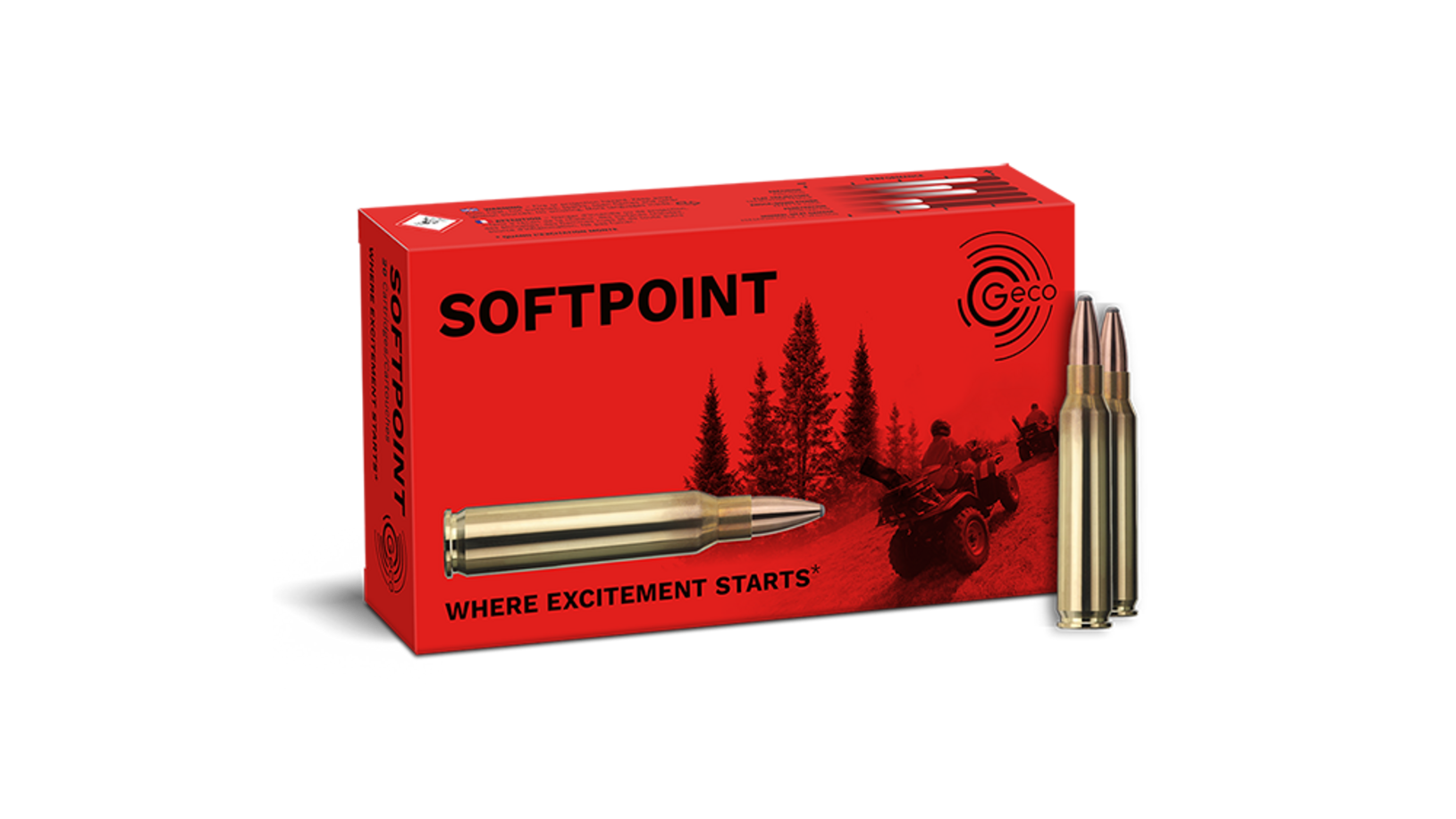 Frontview of ammunition and packaging of GECO .223 Rem. SOFTPOINT 3,4g