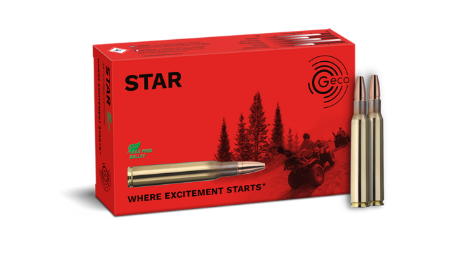 Frontview of ammunition and packaging of GECO 7x64 STAR 9,1g