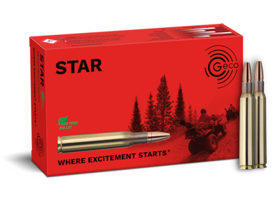 Frontview of ammunition and packaging of GECO 7x64 STAR 9,1g
