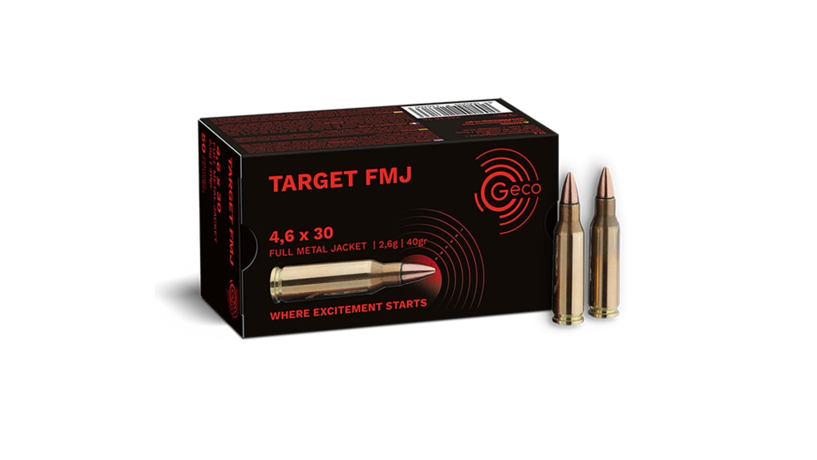 Frontview of ammunition and packaging of GECO 4,6x30 TARGET FMJ 2,6g