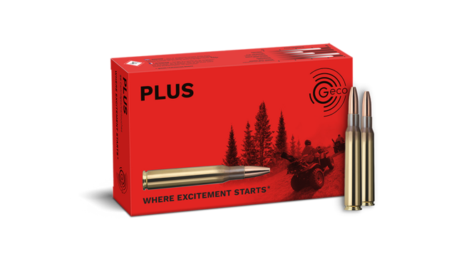 Frontview of ammunition and packaging of GECO 7x64 PLUS 11,0g