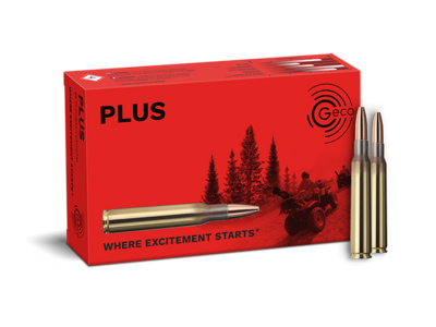 Frontview of ammunition and packaging of GECO 7x64 PLUS 11,0g