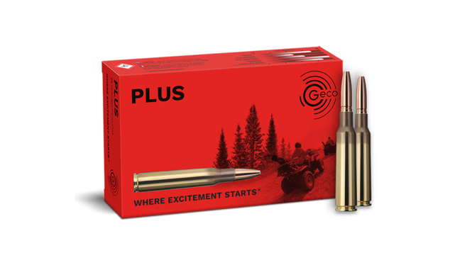 Frontview of ammunition and packaging of GECO 6,5x55 SE PLUS 10,1g