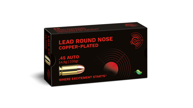 Frontview of ammunition and packaging of GECO .45 Auto Lead Round Nose, copper-plated 14,9g