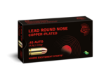 Frontview of ammunition and packaging of GECO .45 Auto Lead Round Nose, copper-plated 14,9g