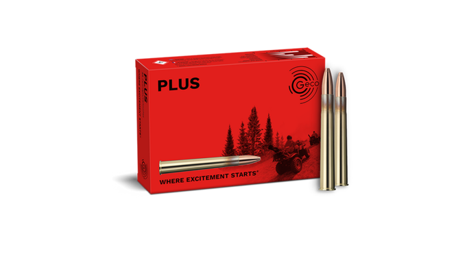 Frontview of ammunition and packaging of GECO 9,3x74 R PLUS 16,5g
