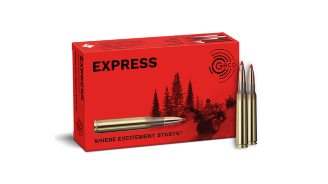 Frontview of ammunition and packaging of GECO 7x64 EXPRESS 10,0g