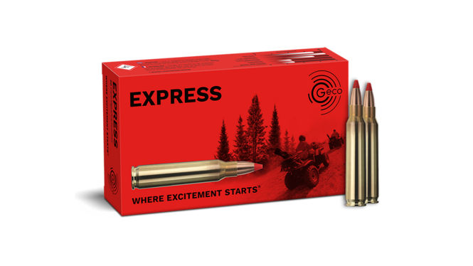 Frontview of ammunition and packaging of GECO .223 Rem. EXPRESS 3,6g