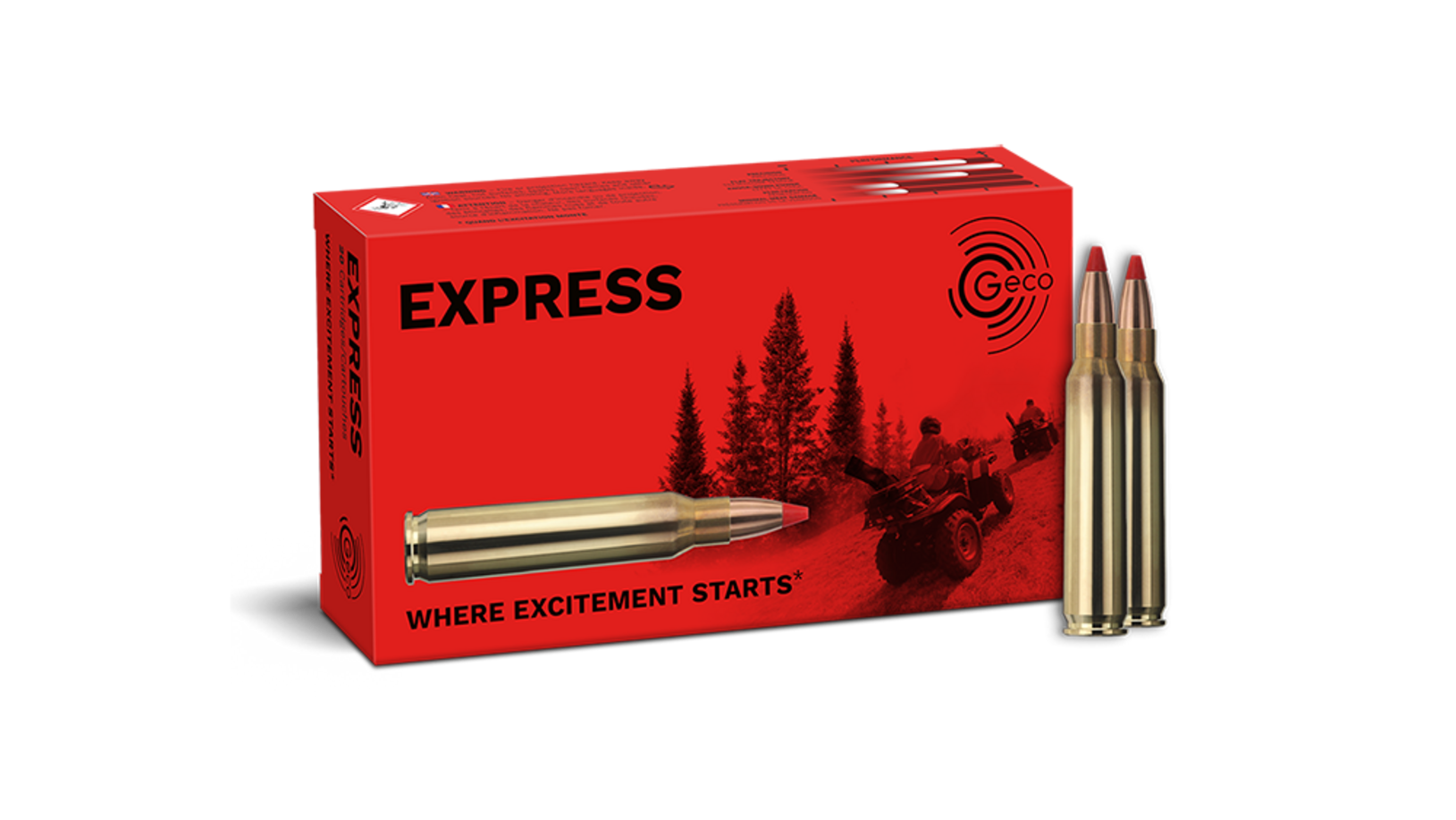 Frontview of ammunition and packaging of GECO .223 Rem. EXPRESS 3,6g
