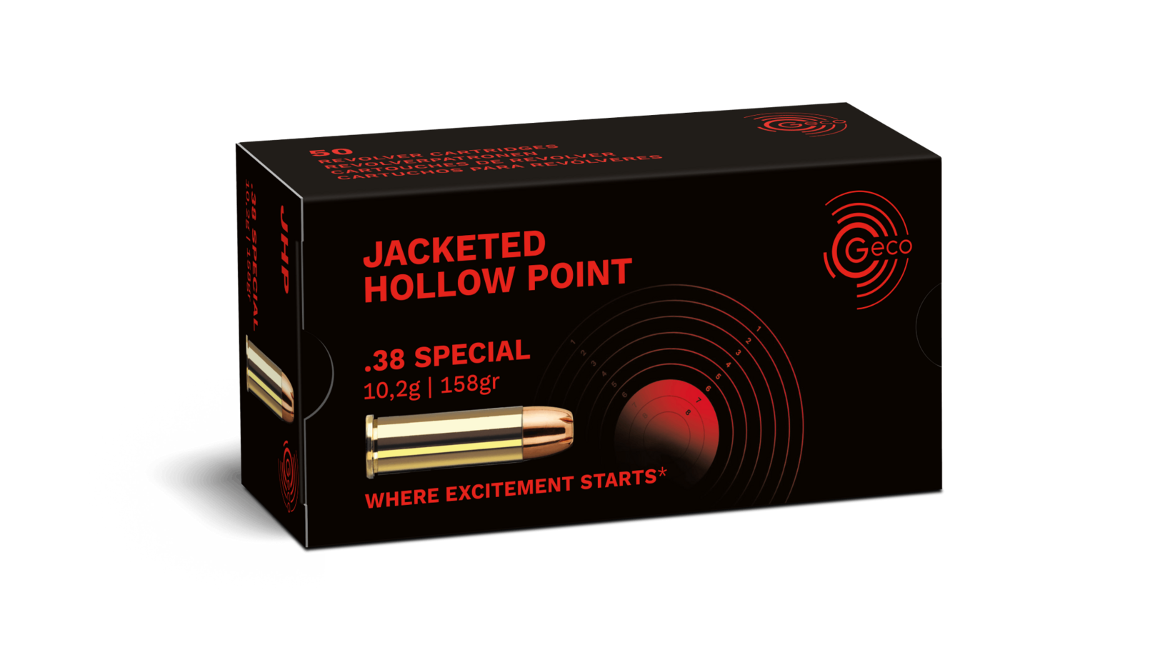 Frontview of ammunition and packaging of GECO .38 Special Jacketed Hollow Point 10,2g