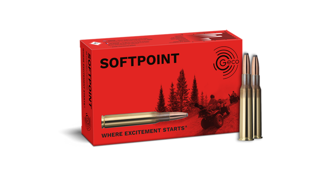 Frontview of ammunition and packaging of GECO 7x57 R SOFTPOINT 10,7g