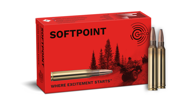 Frontview of ammunition and packaging of GECO .300 Win. Mag. SOFTPOINT 11,0g