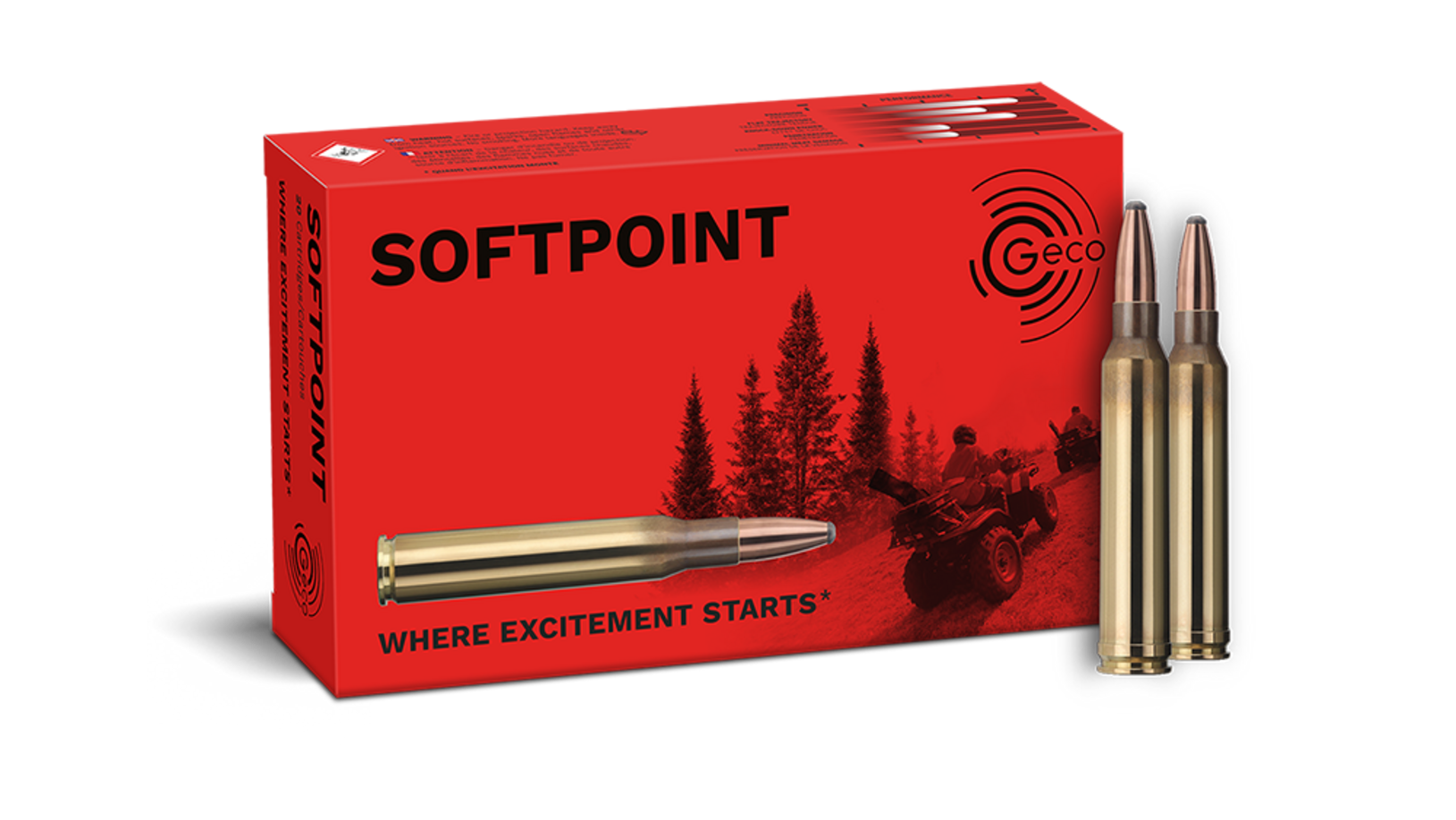 Frontview of ammunition and packaging of GECO .300 Win. Mag. SOFTPOINT 11,0g