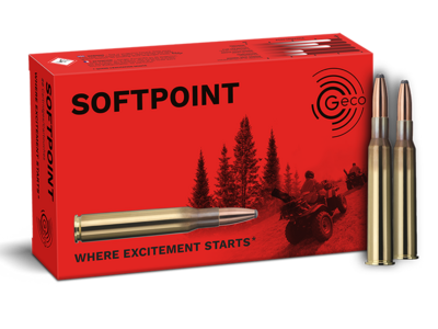 Frontview of ammunition and packaging of GECO 7x65 R SOFTPOINT 8,2g