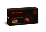 Frontview of ammunition and packaging of GECO .32 S&W long WC Wad Cutter 6,5g