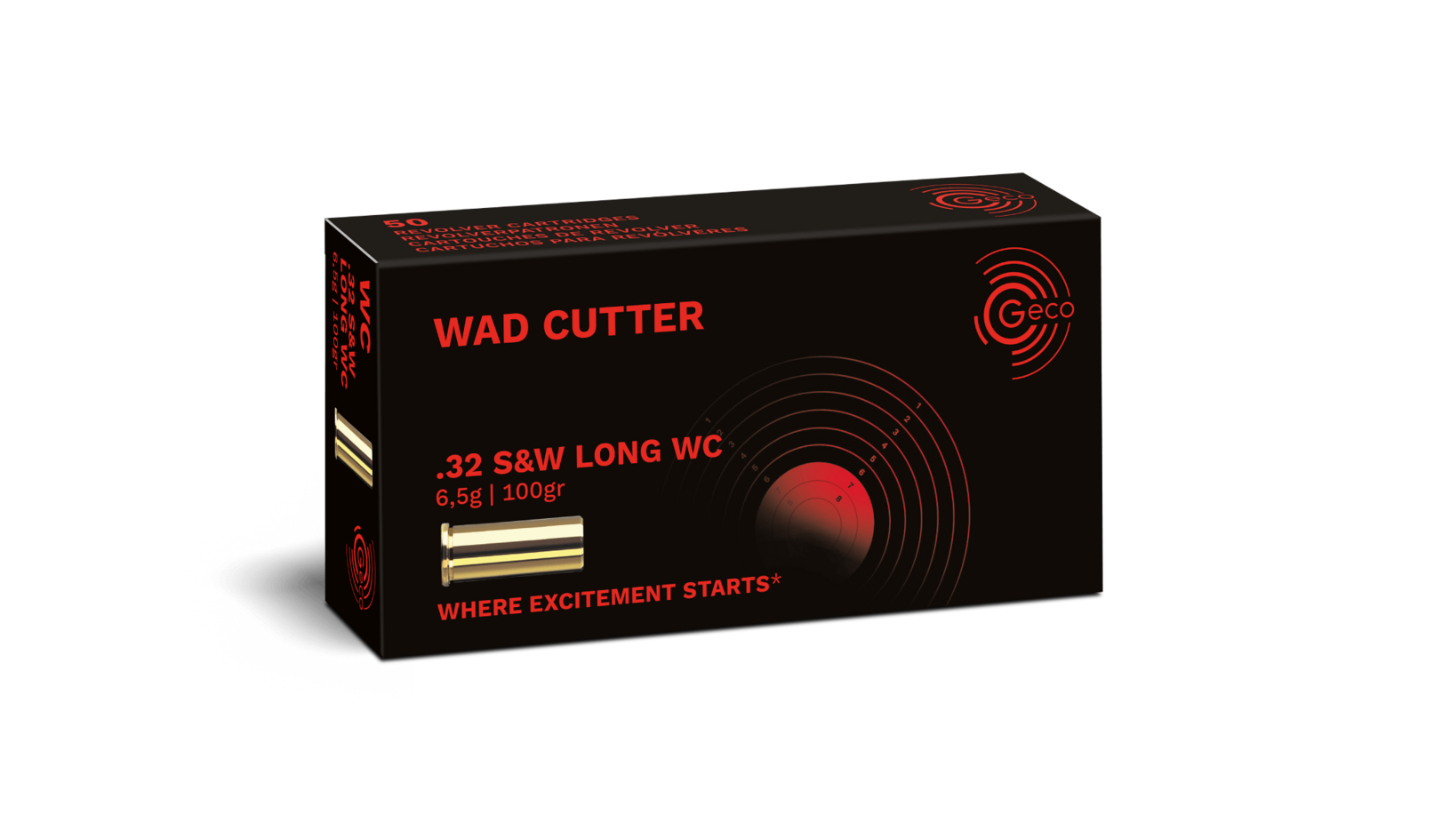 Frontview of ammunition and packaging of GECO .32 S&W long WC Wad Cutter 6,5g
