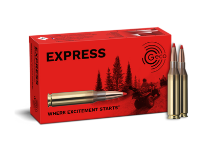 Frontview of ammunition and packaging of GECO .243 Win. EXPRESS 4,9g