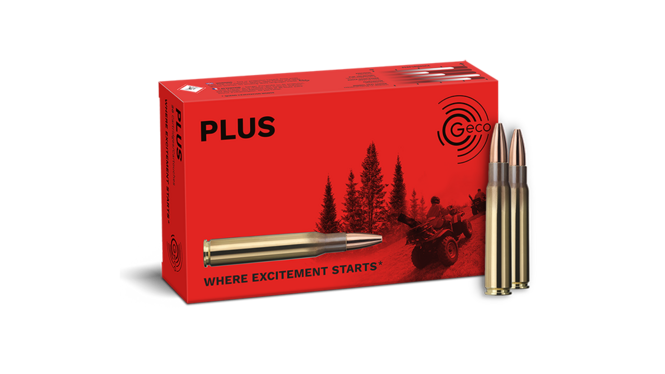 Frontview of ammunition and packaging of GECO 8x57 JS PLUS 12,7g