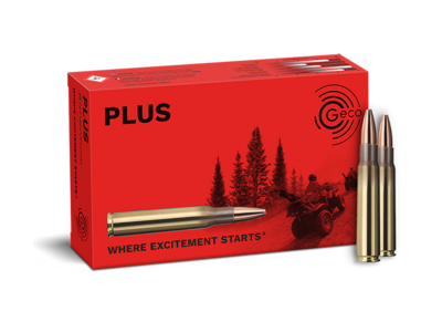 Frontview of ammunition and packaging of GECO 8x57 JS PLUS 12,7g