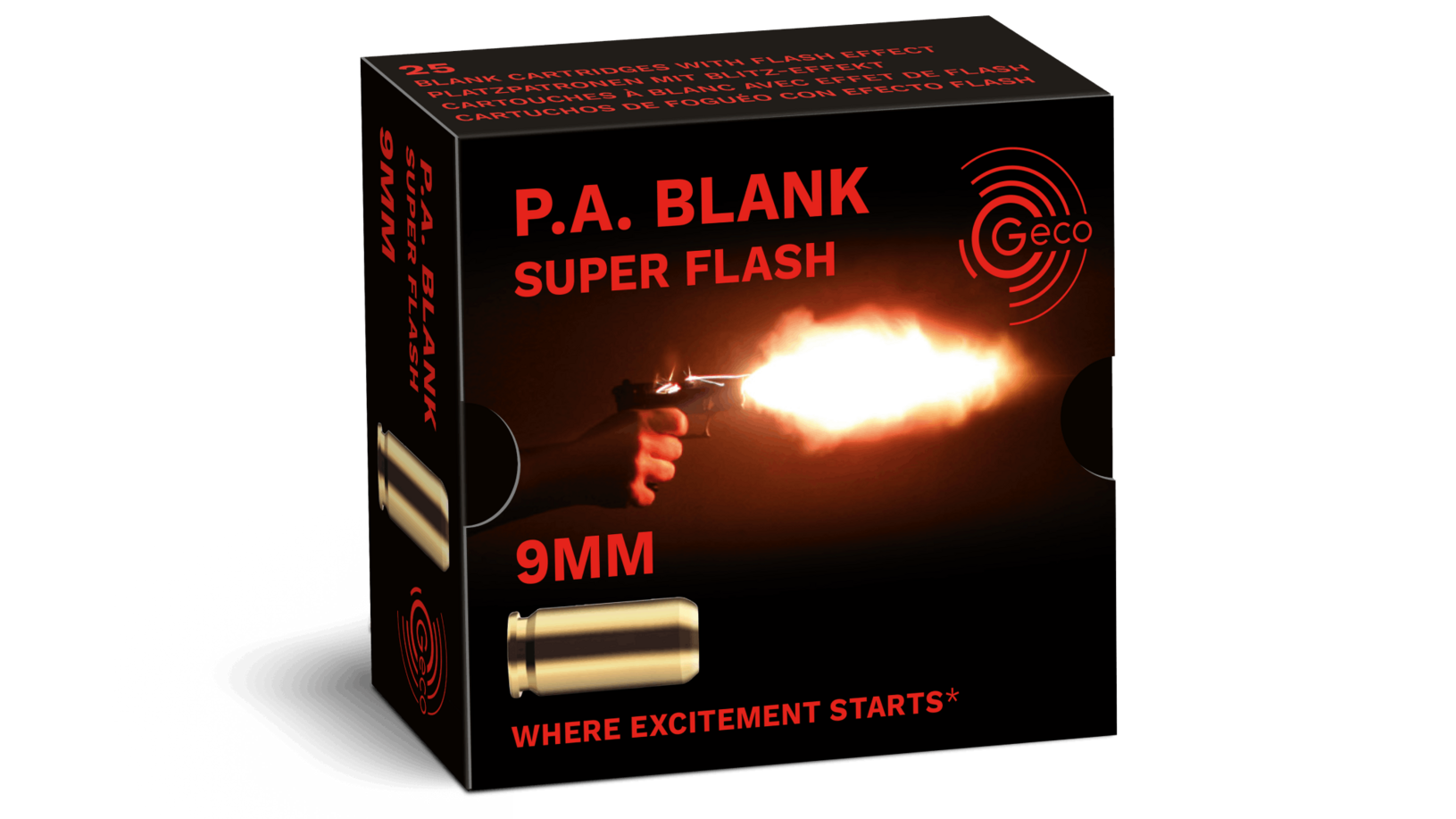 Frontview of packaging of GECO 9mm PA Blank Super Flash
