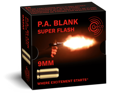 Frontview of packaging of GECO 9mm PA Blank Super Flash