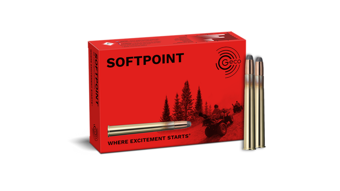 Frontview of ammunition and packaging of GECO 9,3x74 R SOFTPOINT 16,5g