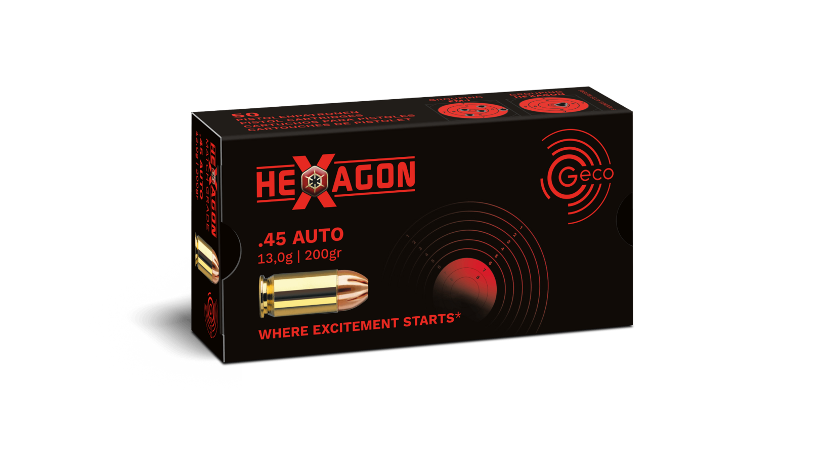 Frontview of ammunition and packaging of GECO .45 Auto Hexagon 13,0g