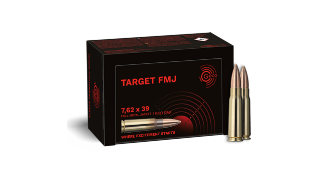 Frontview of ammunition and packaging of GECO 7,62x39 TARGET FMJ 8,0g