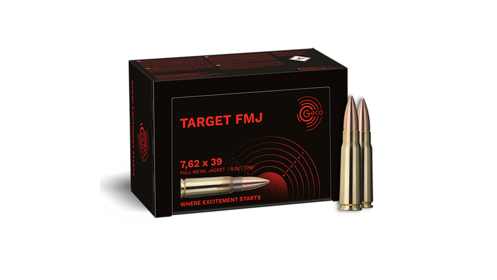 Frontview of ammunition and packaging of GECO 7,62x39 TARGET FMJ 8,0g