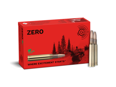 Frontview of ammunition and packaging of GECO 7x57 R ZERO 8,2g