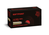 Frontview of ammunition and packaging of GECO .44 Rem. Mag. Softpoint 15,6g