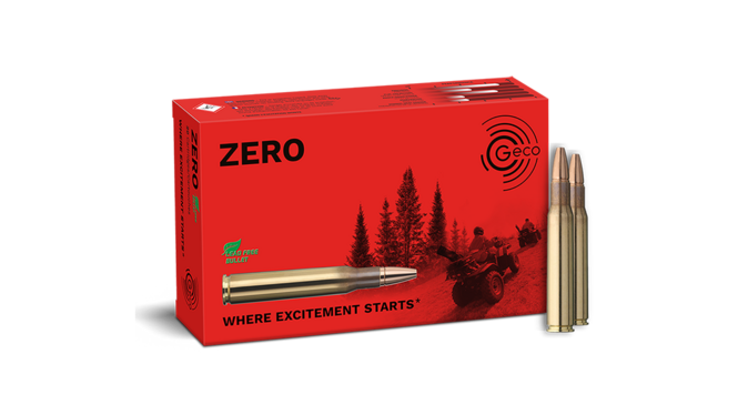 Frontview of ammunition and packaging of GECO .30-06 ZERO 8,8g