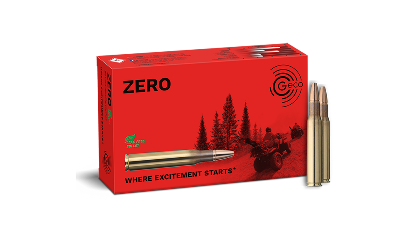 Frontview of ammunition and packaging of GECO .30-06 ZERO 8,8g