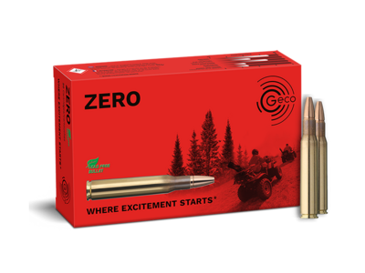 Frontview of ammunition and packaging of GECO .30-06 ZERO 8,8g