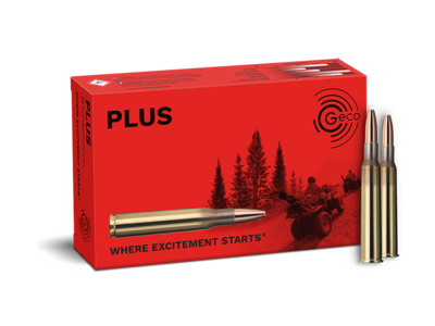Frontview of ammunition and packaging of GECO 7x65 R PLUS 8,2g