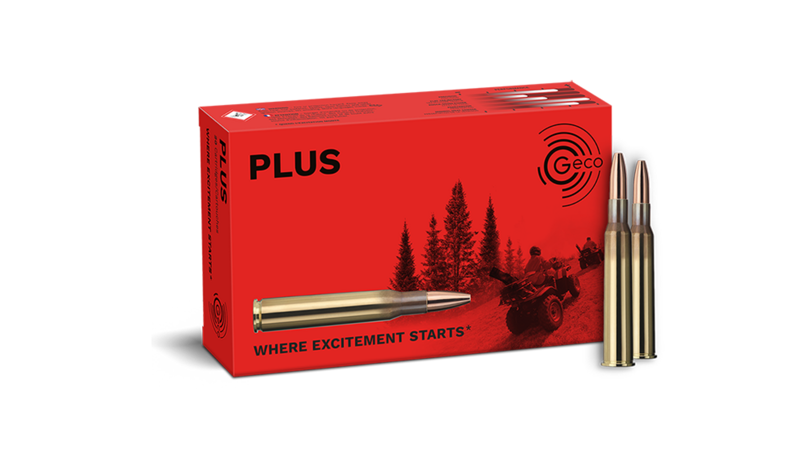 Frontview of ammunition and packaging of GECO 7x65 R PLUS 8,2g