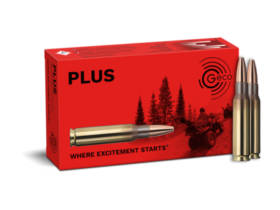 Frontview of ammunition and packaging of GECO .308 Win. PLUS 11,0g