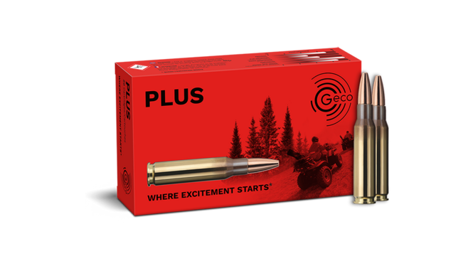 Frontview of ammunition and packaging of GECO .308 Win. PLUS 11,0g