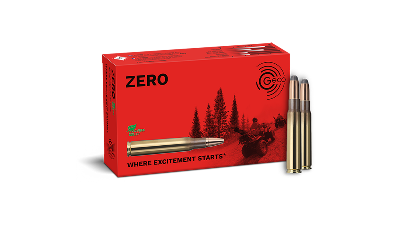 Frontview of ammunition and packaging of GECO 8x57 JS ZERO 9,0g