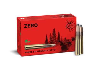 Frontview of ammunition and packaging of GECO 8x57 JS ZERO 9,0g