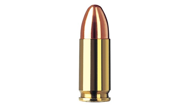 Single bullet view of GECO 9 mm Luger Lead Round Nose, copper-plated 8,0g
