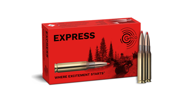 Frontview of ammunition and packaging of GECO .308 Win. EXPRESS 10,7g