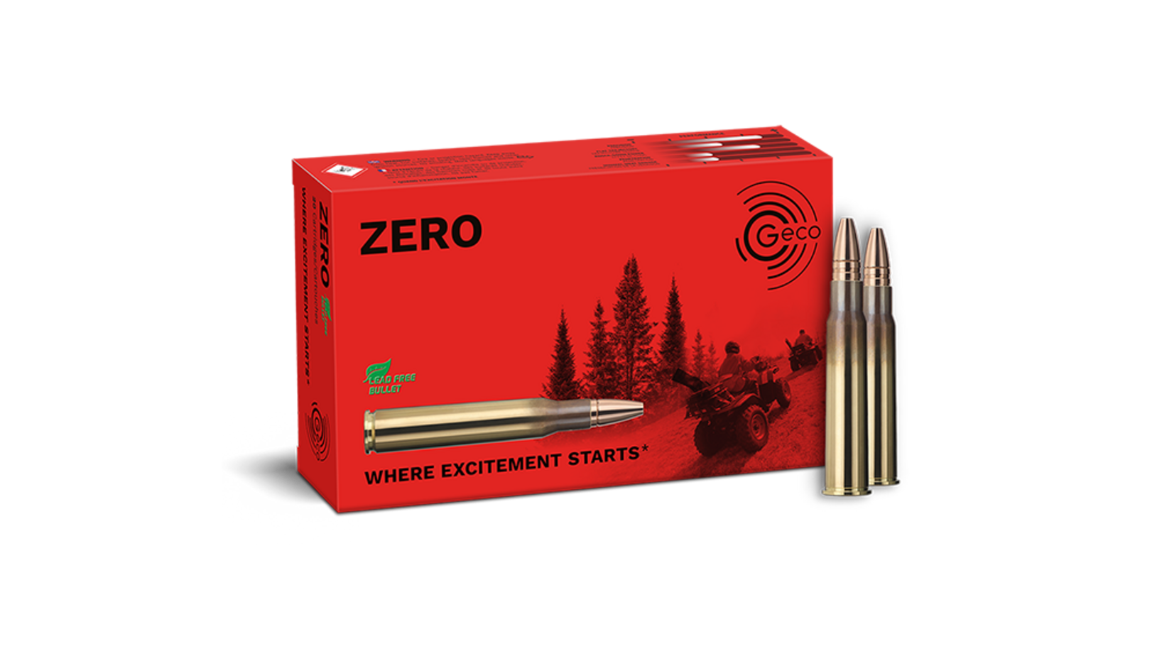 Frontview of ammunition and packaging of GECO 8x57 JRS ZERO 9,0g