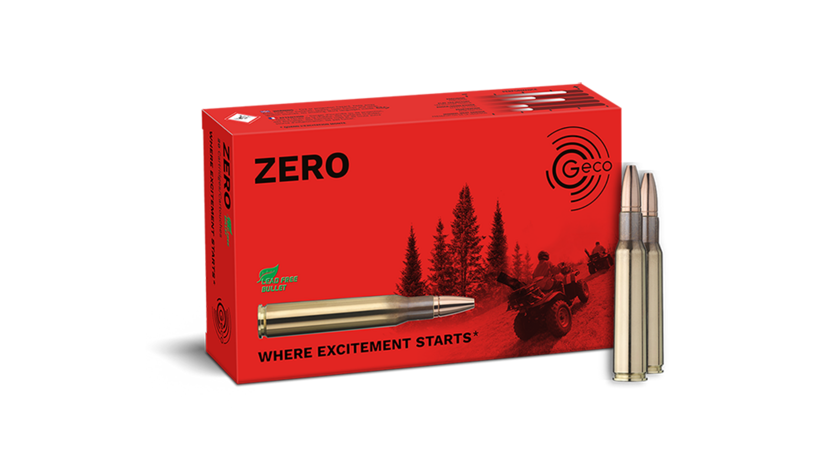 Frontview of ammunition and packaging of GECO 7x57 ZERO 8,2g